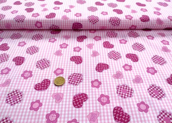 Carola checkcotton poplin pink fabric with flowers